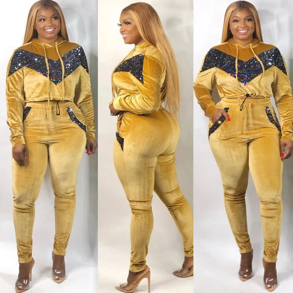 

2020 African Women's Clothing Fashion Sequins Stretch Fabric Hooded Set Top + Trousers African Women Suit African Clothes