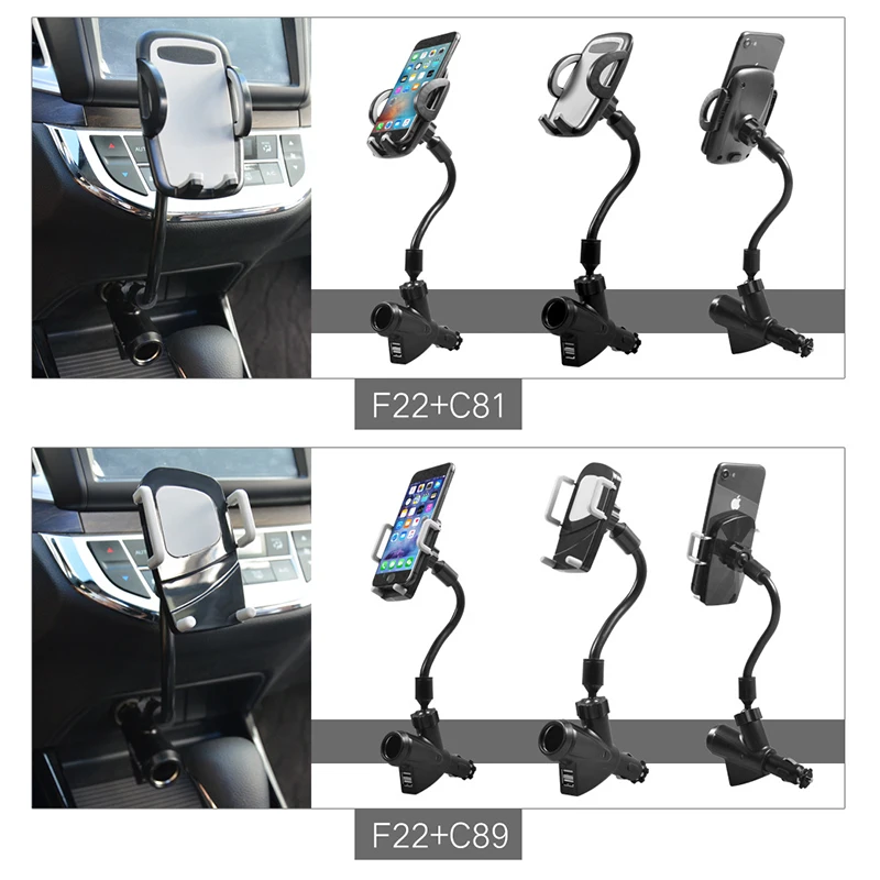 

Car Universal Phone Holder Stand with Dual USB Car Charger Cigarette Lighter Power Adapter C66
