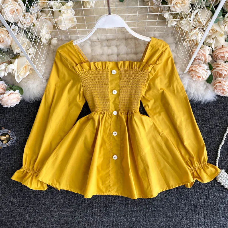 

2021 Spring Autumn Women's Shirt Korean Solid Color Square Collar Waist Pullover Blouse Top New Lotus Leaf Swing All-match Tops