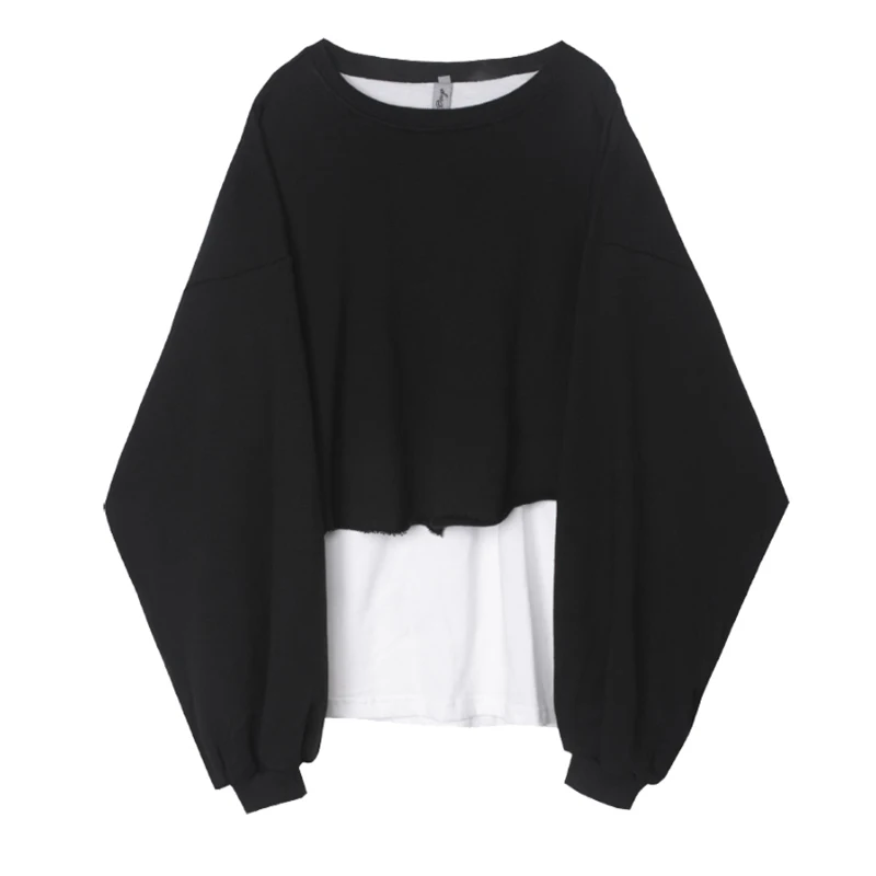 

[EAM] Loose Fit Spliced Slit Casual Sweatshirt New Round Neck Long Sleeve Women Big Size Fashion Tide Spring Autumn 2021 1DD8313
