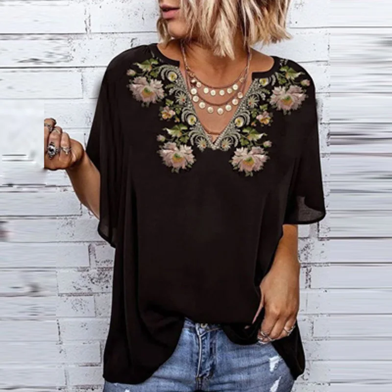 

2021 Harajuku Vintage Printed Women Loose Blouse Elegant V-Neck Short Sleeve Tops Pullovers Female Fashion Patchwork Streetwears