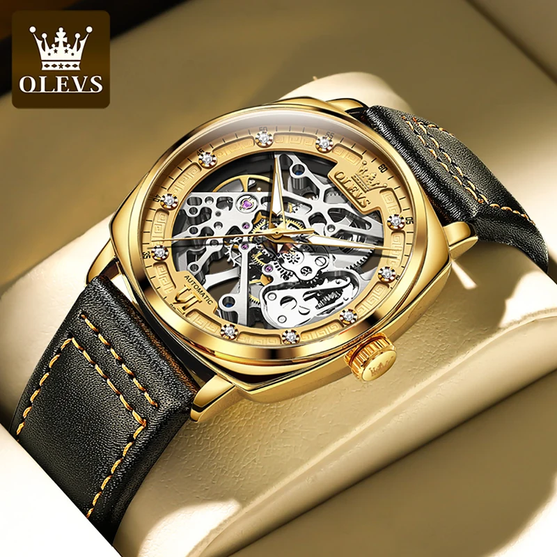 OLEVS Classic Mens Skeleton Watches Gold Plated Case Automatic Mechanical Watch Men Top Brand Luxury Leather Strap Clock Reloj