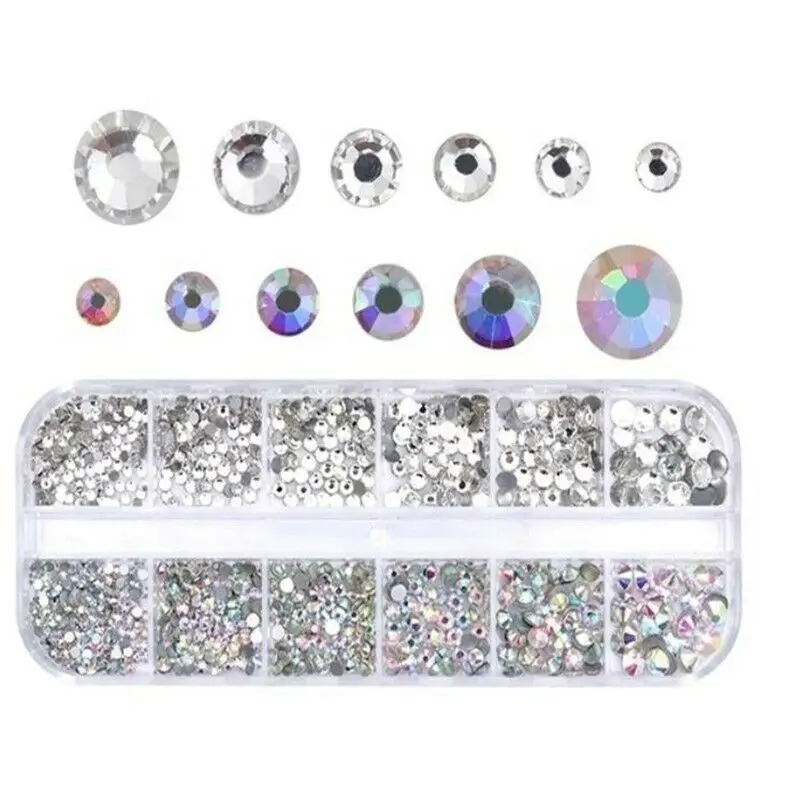 

12 Grids Crystal Nail Art Rhinestones Mixed Color Glitter Diamond Gems Flat-back AB 3D DIY Nail Decorations Manicure Tools