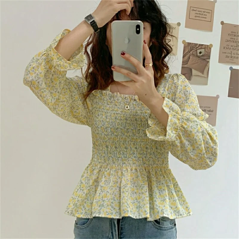 

Новинка Осень 2021, шифоновая рубашка в Корейском стиле с квадратным вырезом и цветочным принтом, облегающий пуловер с длинным рукавом, женск...