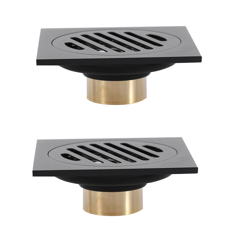 

2X 4 Inch Square Shower Drain With Removable Cover Grate, Brass Anti Clogging And Odor Point Floor Drain Assembly