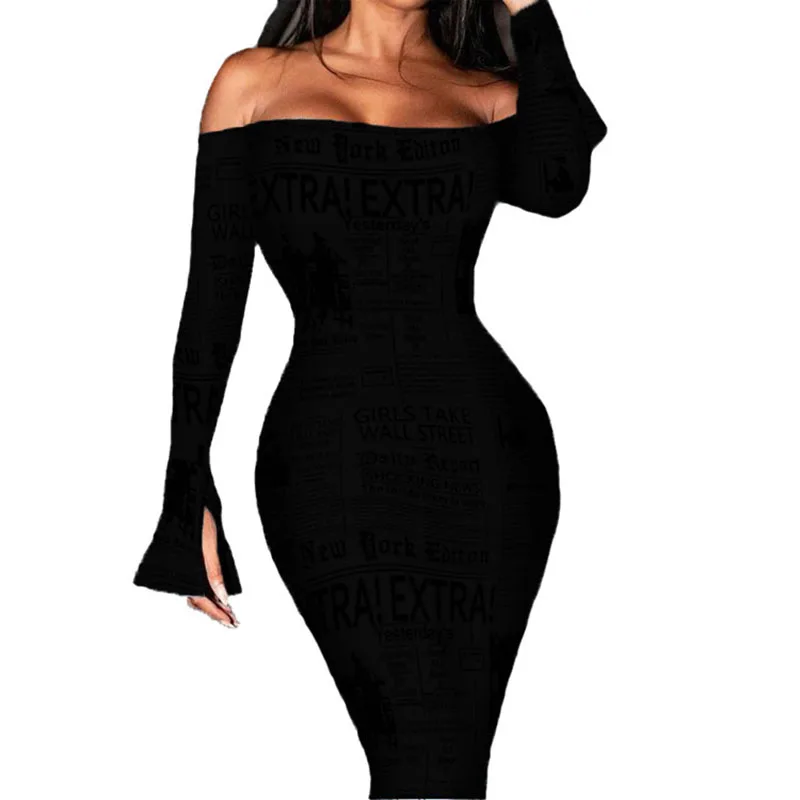 

Dresses For Women Bodycon Sexy Off Shoulder Tight Dresses Aesthetic Stretchy Letter Print Long Sleeve Night Club Dress 2021
