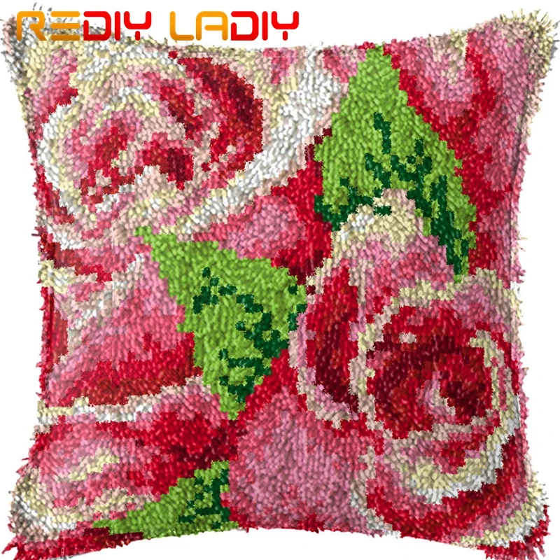 Latch Hook Cushion Red Rose Pre-Printed Canvas Front Acrylic Yarn Crochet Pillow Case Kits Sofa Bed Pillows Home Decor | Дом и сад
