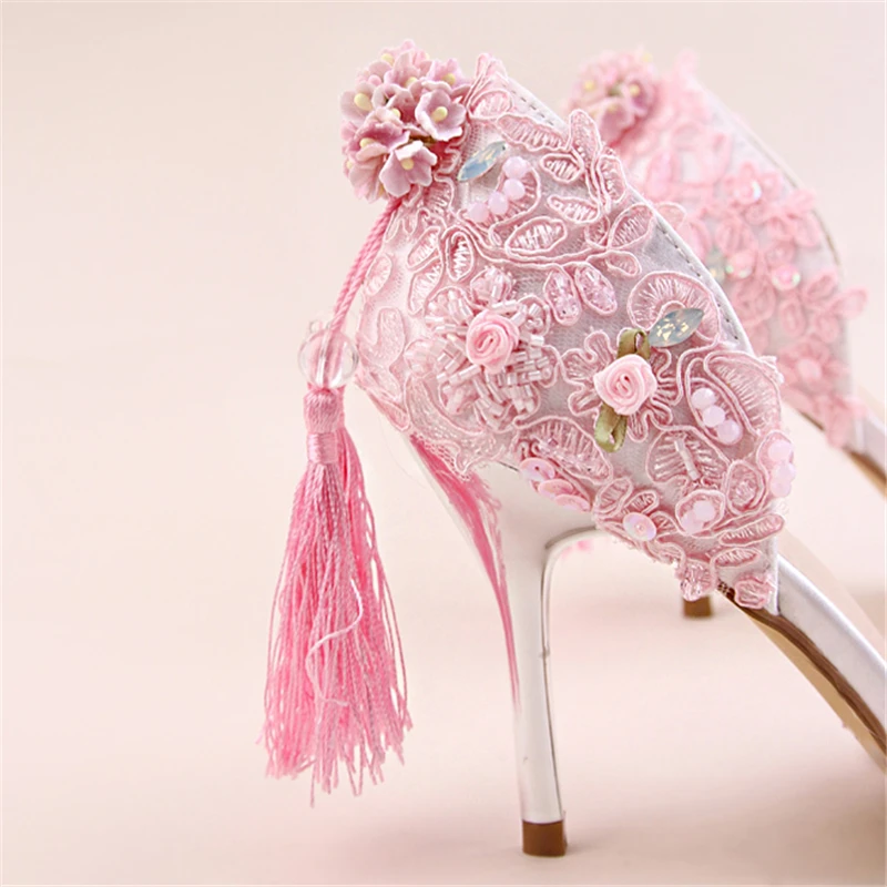 

Pumps Women Wedding Shoes 9cm High Heels Satin Floral Stiletto Pump Fashion Tassel Ladies Shoes Casual Sweet Sexy Women Footwear