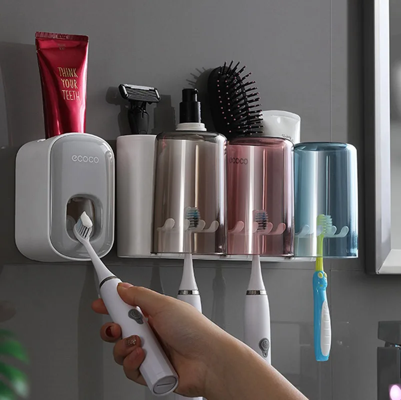 

Punch-Free Toothbrush Holder Mouthwash Cup Brushing Cup Bathroom Wall-Mounted Toothbrush Holder Set Bathroom Accessories