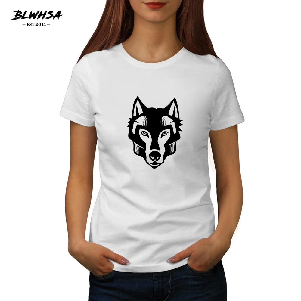 

BLWHSA Wolf Printing T Shirt Women Casual Summer Short Sleeve Cool T-Shirt Funny Design Wolf Printed Women Tees Shirts Clothing