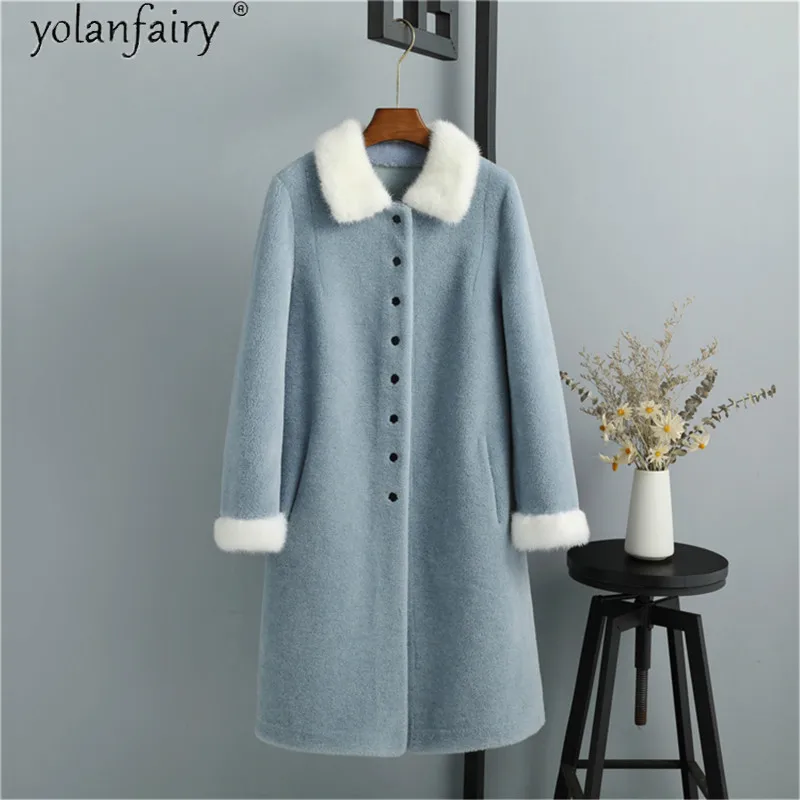 

100% Real Wool Fur Coat Mink Fur Collar Female Jacket Soft Warm Jackets for Women 2020 Sheep Shearing Long Coat Vetement Femme