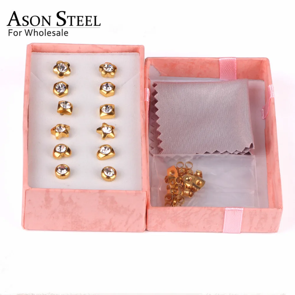ASONSTEEL Minimalist Earrings Round Cubic Zirconia with Gold Anti-allergy 6pairs/box Push Back Stud Office Ladies | Украшения и