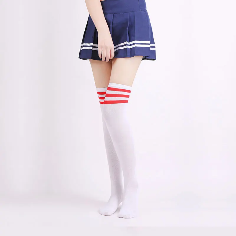 

White Color Long Socks Stocking for Women Red Blue 3 Striped Over Knee Girl Lady Stockings Black Socks