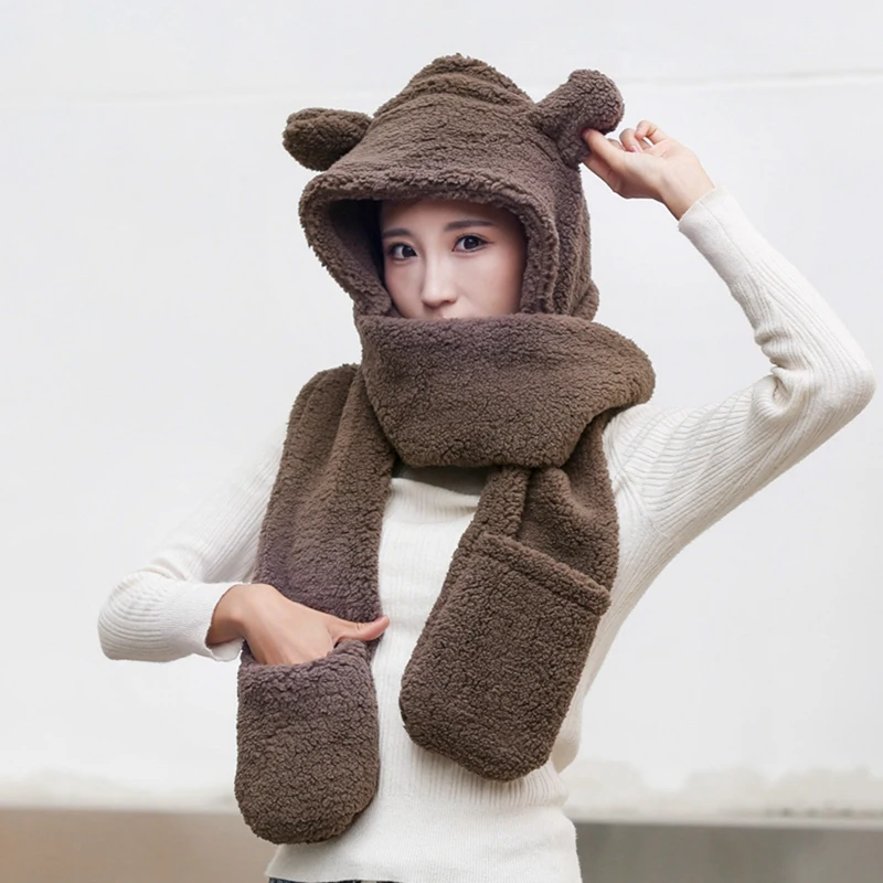 

2021 Fashion Winter Women Novelty Beanies Caps Warm Cute Bear Ear Hat Casual Plush Hat Scarf Set Casual Solid Women Caps Present