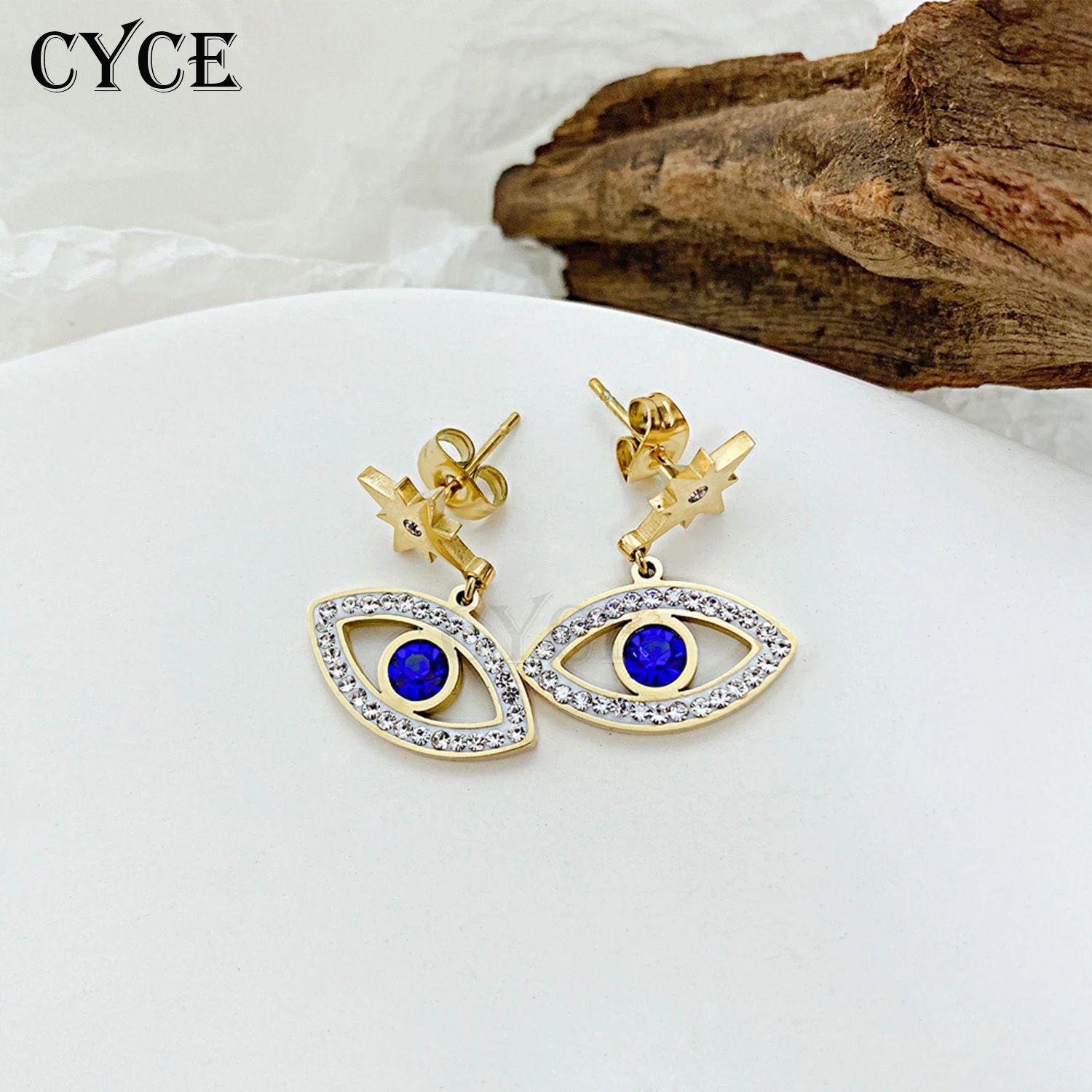 

CYCE 2021 Punk Inlaid Zircon Evil Eye Pendant Stainless Steel Earrings For Women Men Jewelry Gold Turkey Blue Eyes Stud Earrings