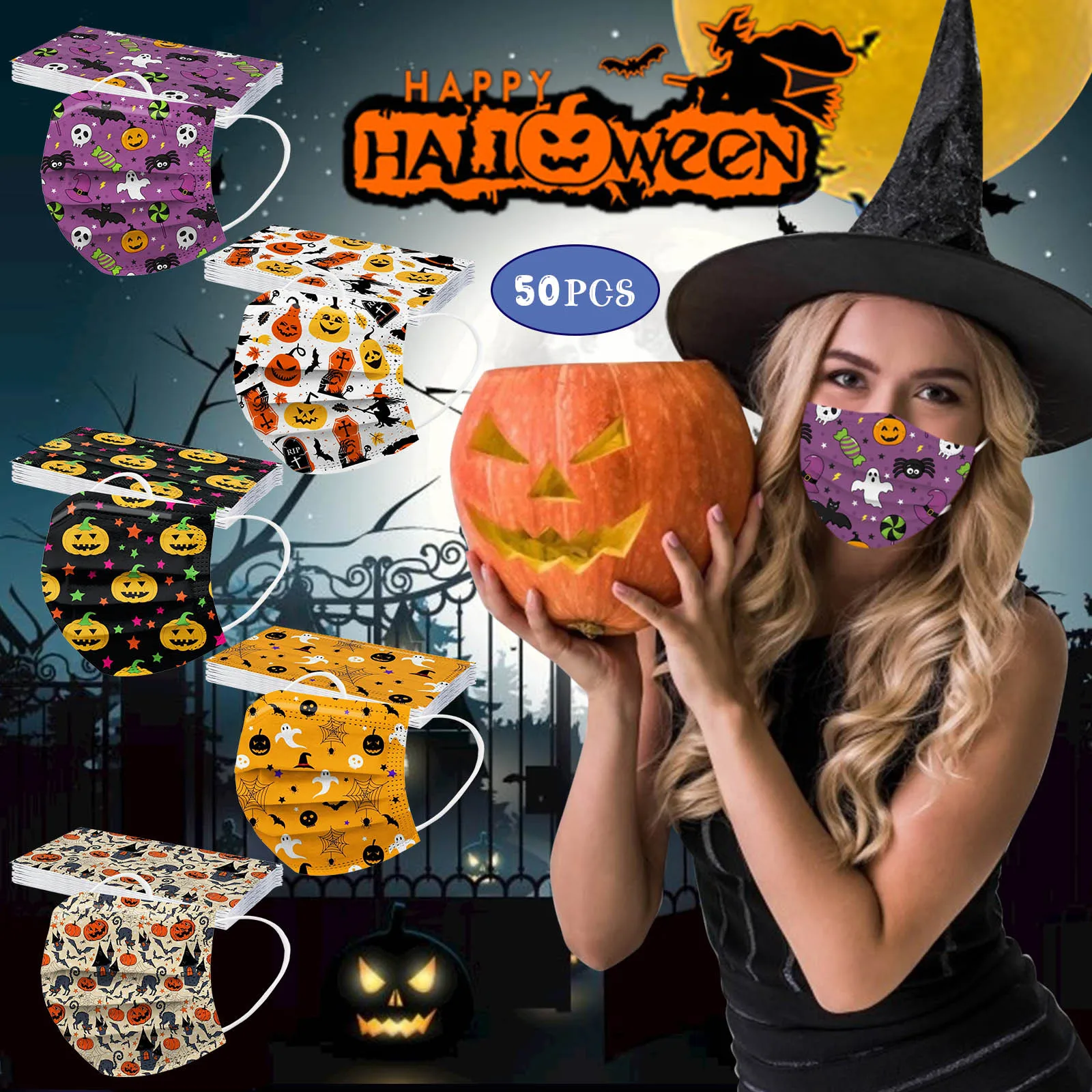 

50pcs Disposable Mouth Mask For Kid Children's Cartoon Halloween Pumpkin Printing Face Mask Ear Loop Mascarillas Mascaras