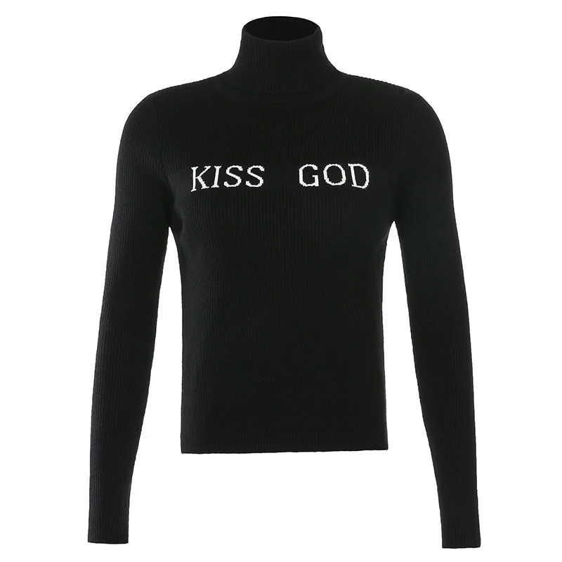 

YICIYA Black Letter Print Harajuku Turtleneck Knitted Sweater Autumn Long Sleeve Pullover Knitwear Korean Casual Jumper Ladies