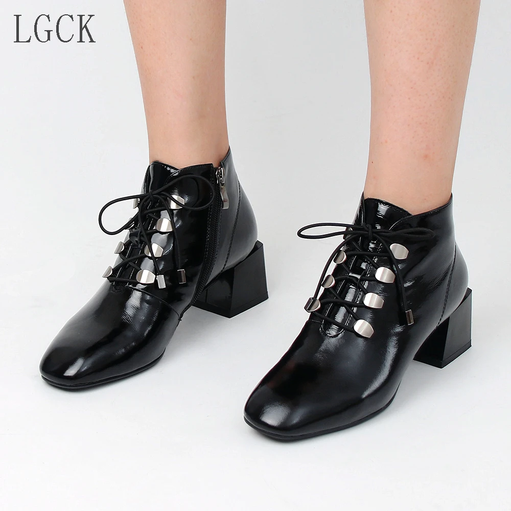 Beli Ukuran 34-43 Kulit Asli Wanita Sepatu Baru Renda Square Rendah Desire Fashion Kantor Martin Kulit Paten Sepatu