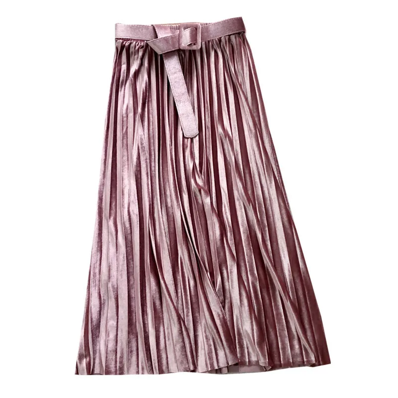 

Velvet Skirt Korean Fashion Clothing With Belt Harajuku Leisure Long Pleated Skirts Women High-waist Casual Faldas Largas Mujer
