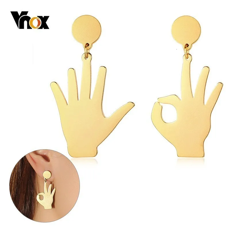 Vnox милые жесты OK Висячие серьги для женщин из нержавеющей стали ручная капля