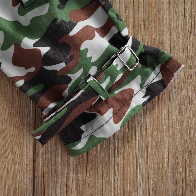 

Hot Summer Girls Two-piece Clothes Set Black Sleeveless Off-the-shoulder Tops and Camouflage Printing Pants Kids Tracksuits