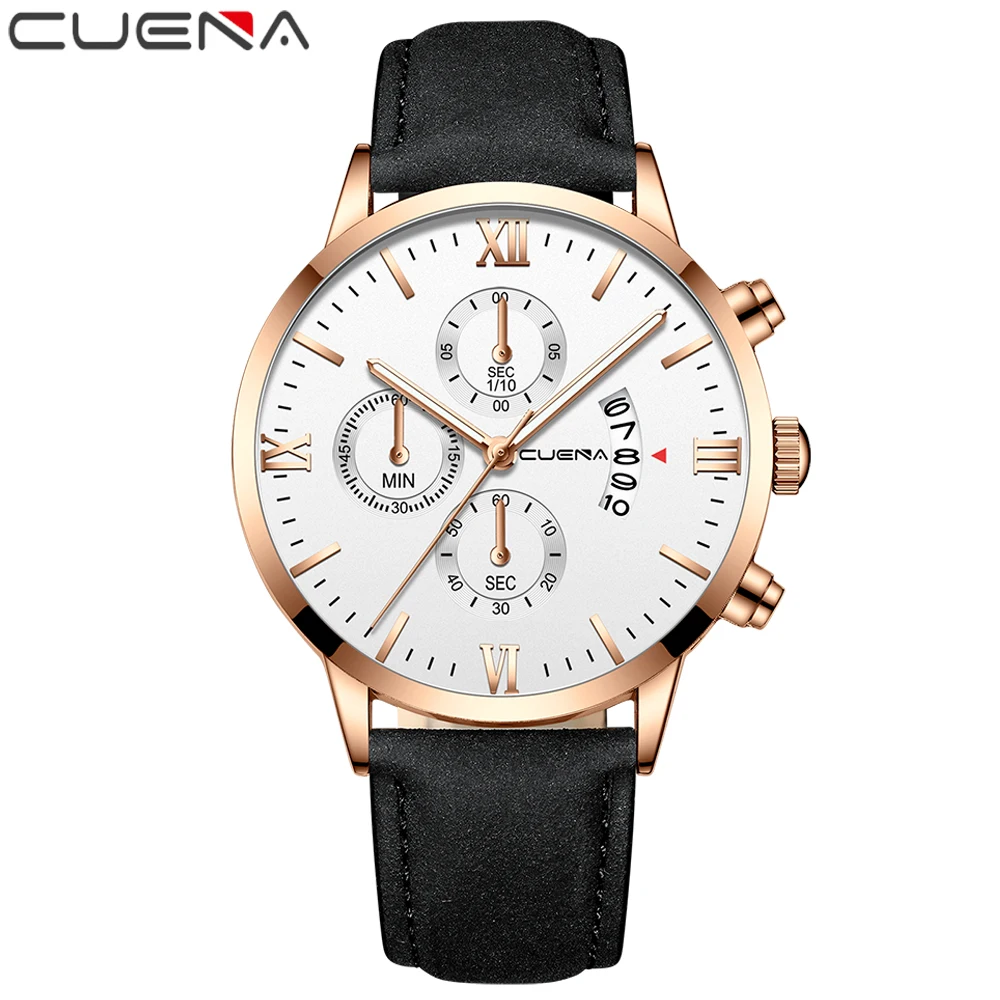 

Мужские часы CUENA, роскошные повседневные кварцевые часы с кожаным ремешком, спортивные водонепроницаемые черные часы, новинка 2019
