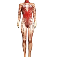 sparkling red diamonds bodysuits turtleneck long sleeve women jumpsuit stretch leotard nightclub pole dancing stage costumes
