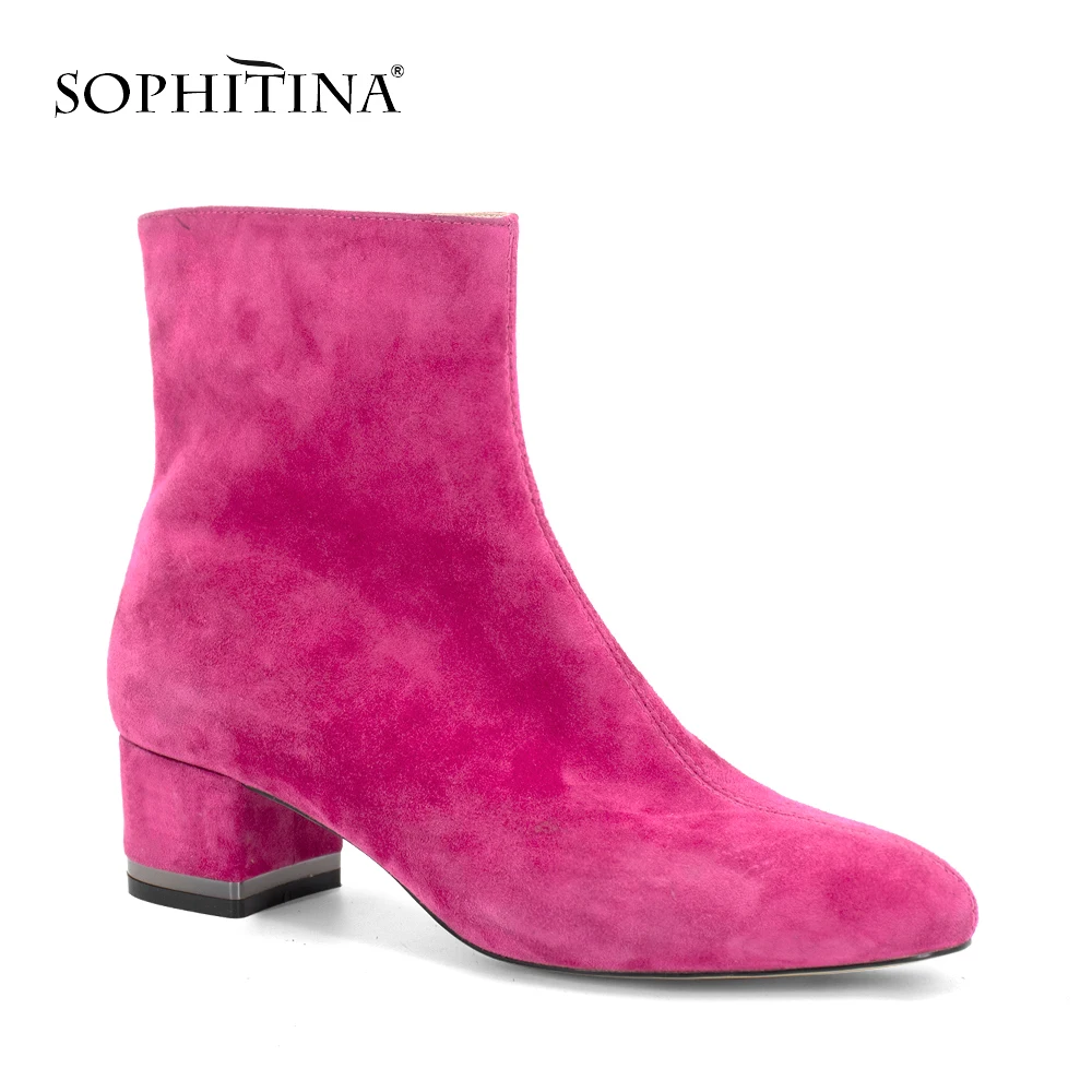 

SOPHITINA Pink Ankle Boots High Quality Handmade Brand Woman Shoes Square Heels White Patent Leather Warm Short Plush Boots PB85