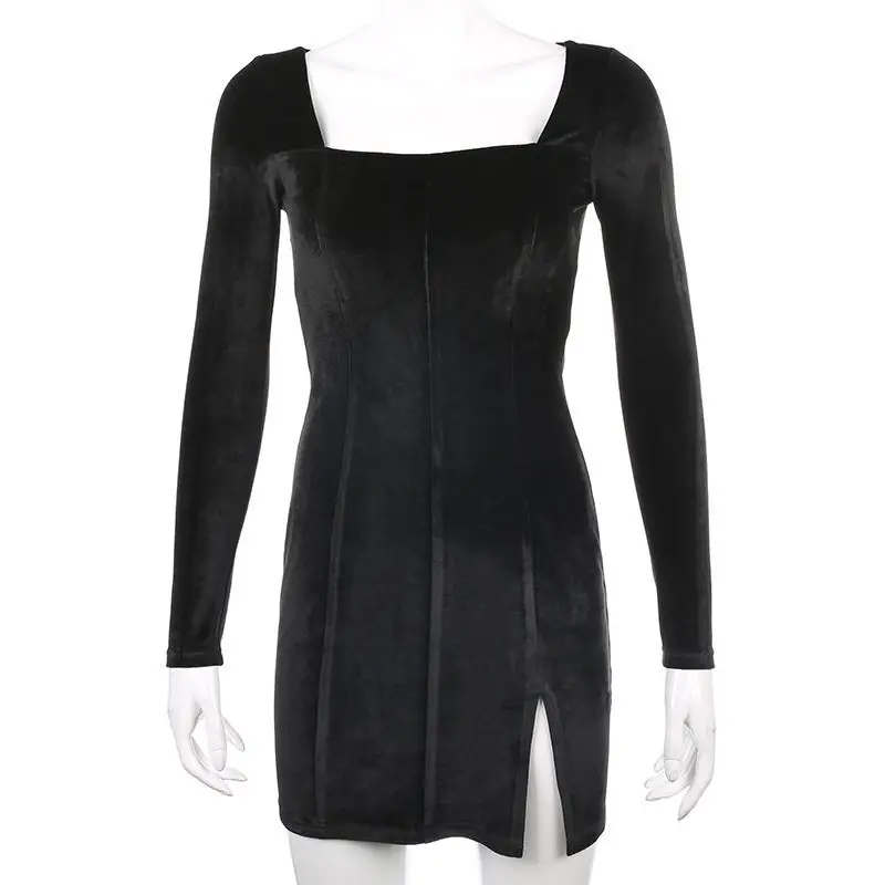 

Sexy solid velvet Split slim Mini dress Women Fashion Black long sleeve Square Collar Dresses Ladies 2021 new summer Clothing