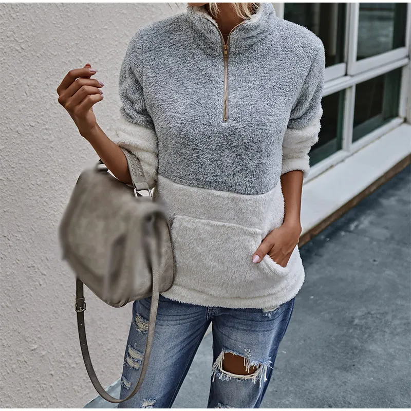 

Autumn Winter Women's Sweatshirts Fleece Warm Patchwork Zippers Front Pocket Female Long Sleeve Sweatshirt 2021 Casual Pullover