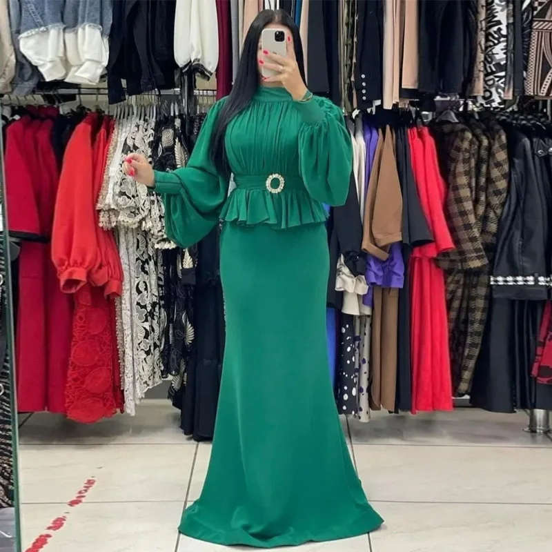 

Plus Size Green Mulsim Evening Dresses High Neck Full Sleeve Mermaid Prom Party Gowns Chiffon With Belt Formal Robe De Soire