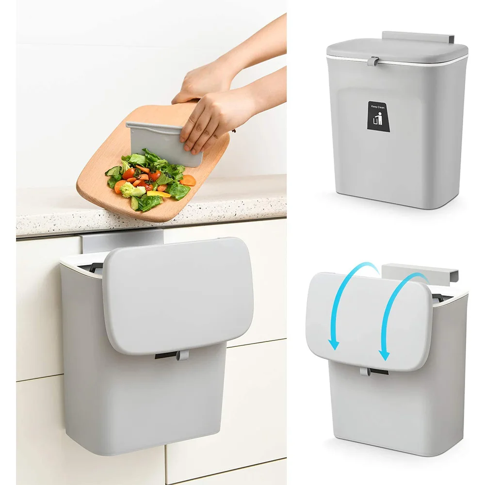 

9L Hanging Trash Can for Kitchen Cabinet Door with Lid Small Under Sink Garbage Bin Wall Mounted Counter Waste Compost Bins