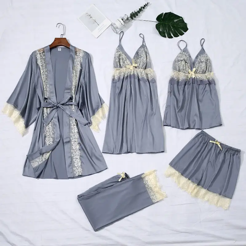 Greyblue Женский кружевной Пижамный набор из шелка, 5 шт., Женская атласная пижама, шелковая ночная рубашка, пижама, femme, спагетти, ремень, Пижама для сна, женская пижама - Цвет: Greyblue
