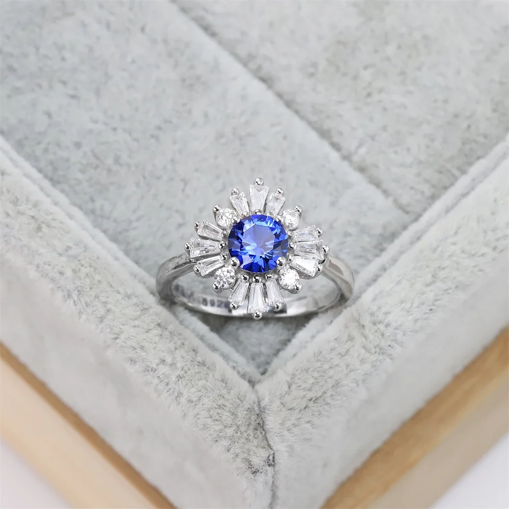 

Best selling European and American S925 silver fashion wedding ring snowflake zircon Blue Crystal luxury jewelry women's gifts