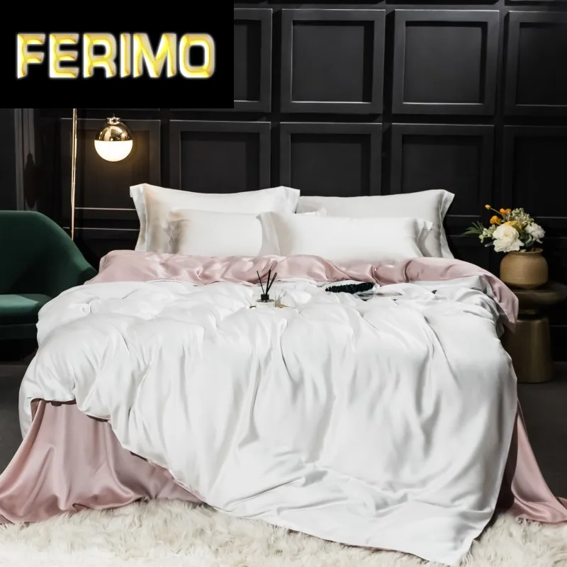 vender 2 Cores Cinza Branco Tencel Seda Azul Capa De Edredão Conjunto Cama Para O Verão Folha Travesseiro Sham Cetim Tecer Seda Macio Respirável