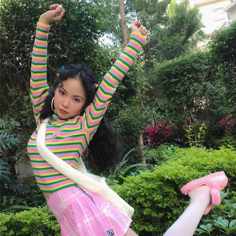 Облегающие Женские трикотажные пуловеры в полоску с круглым вырезом осенние