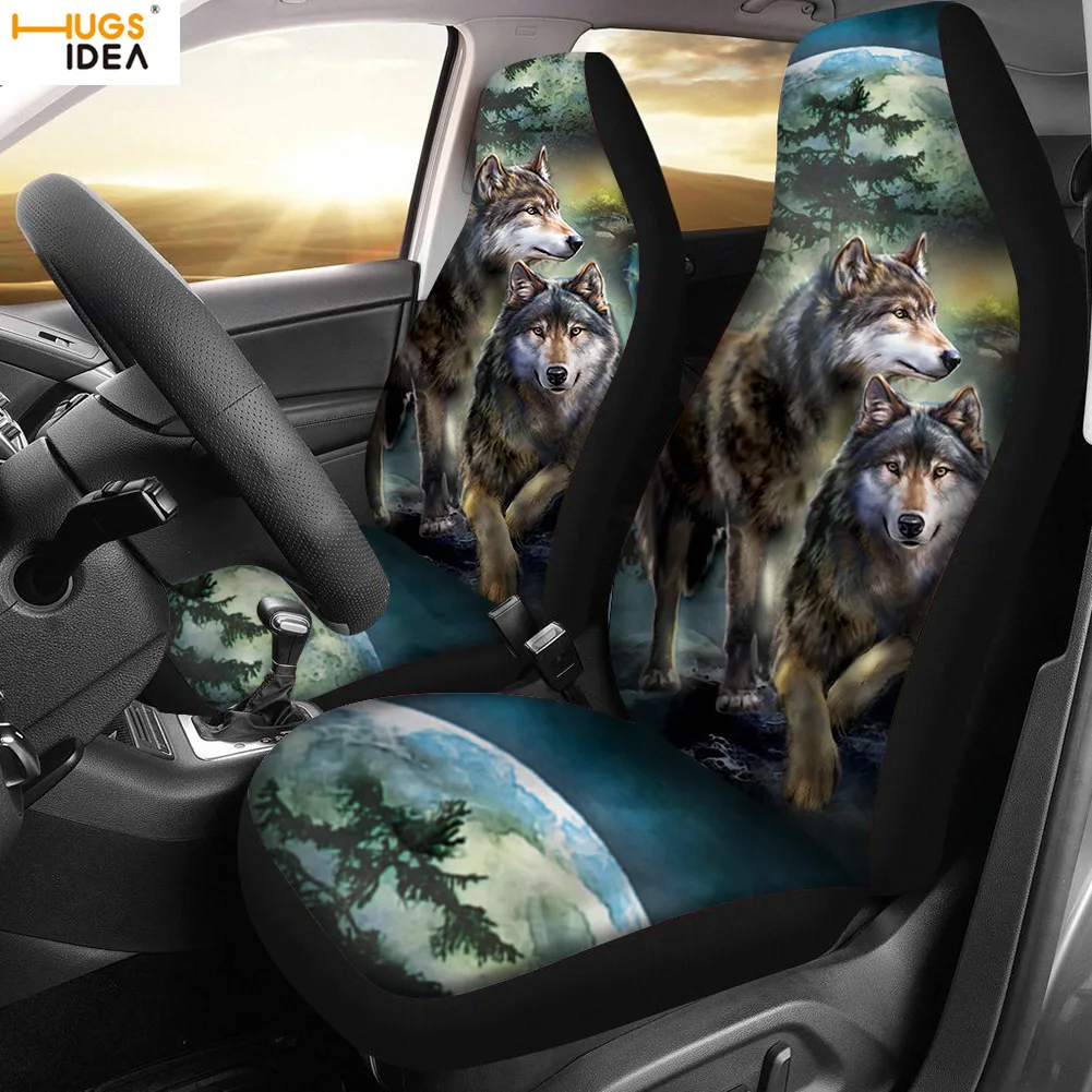 

HUGSIDEA 2Pcs Wolf Night Car Seat Cover 3D Moon Wolves Pirnt Auto Interior Front Seat Decoration Sheet Car Seat Protector Cover