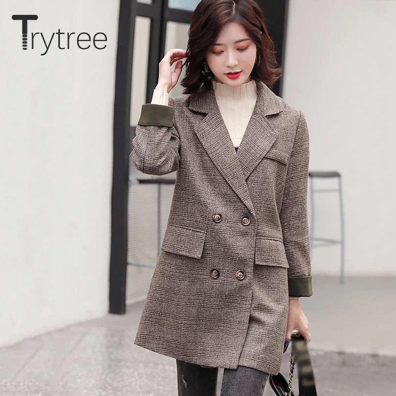 Trytree 2019 осеннее Женское пальто повседневное с отложным воротником двубортное в