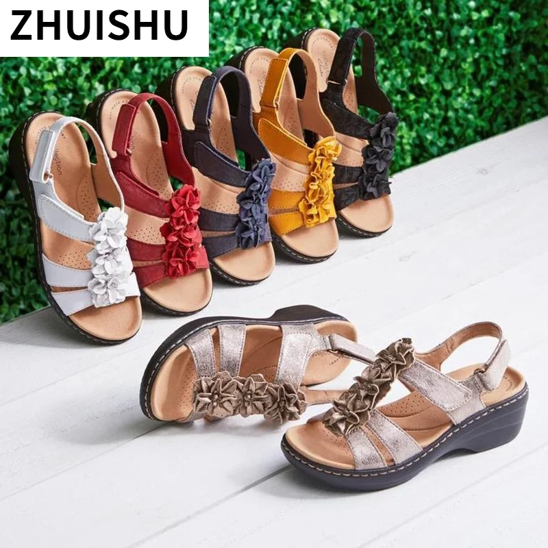 

2021 Summer Sandals New Hollow Wedge Fish Mouth Women Sandals Retro Flowers Comfortable Casual Beach Sandals Plus Size 35-43