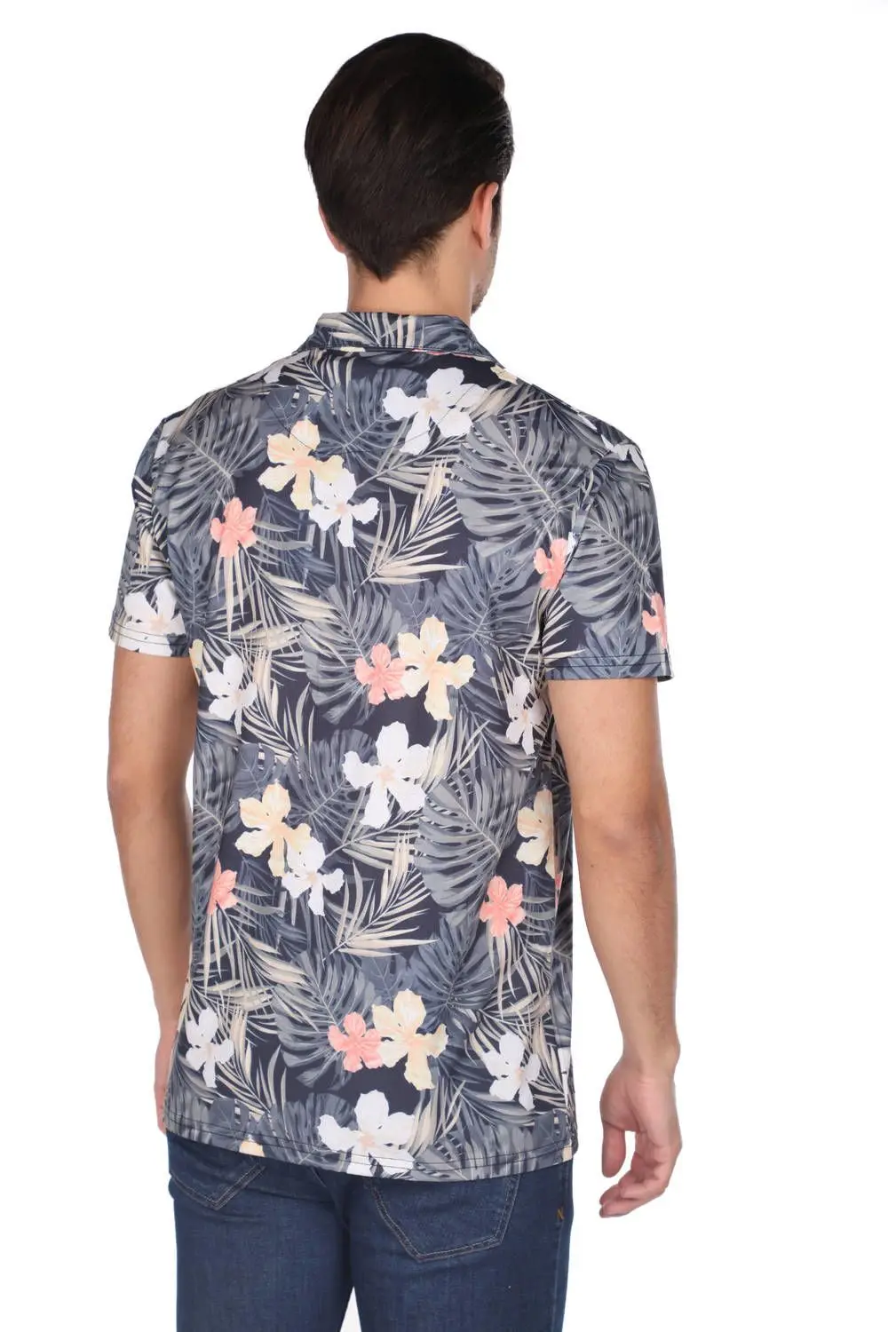 

Markapia Mens Navy Blue Leaf Pattern Short Sleeve Shirt