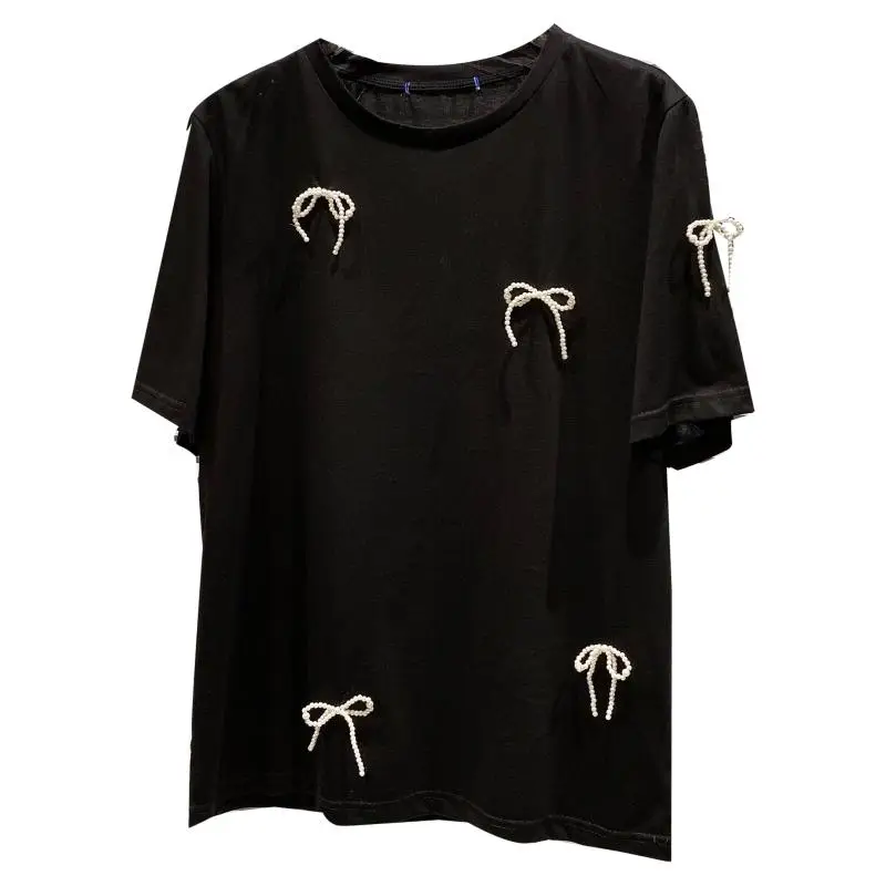 

Three Dimensional Beaded Bow T Shirt Women 2021 Summer New Small Fragrance Round Neck Half Sleeve Short Sleeve T-shirt Female