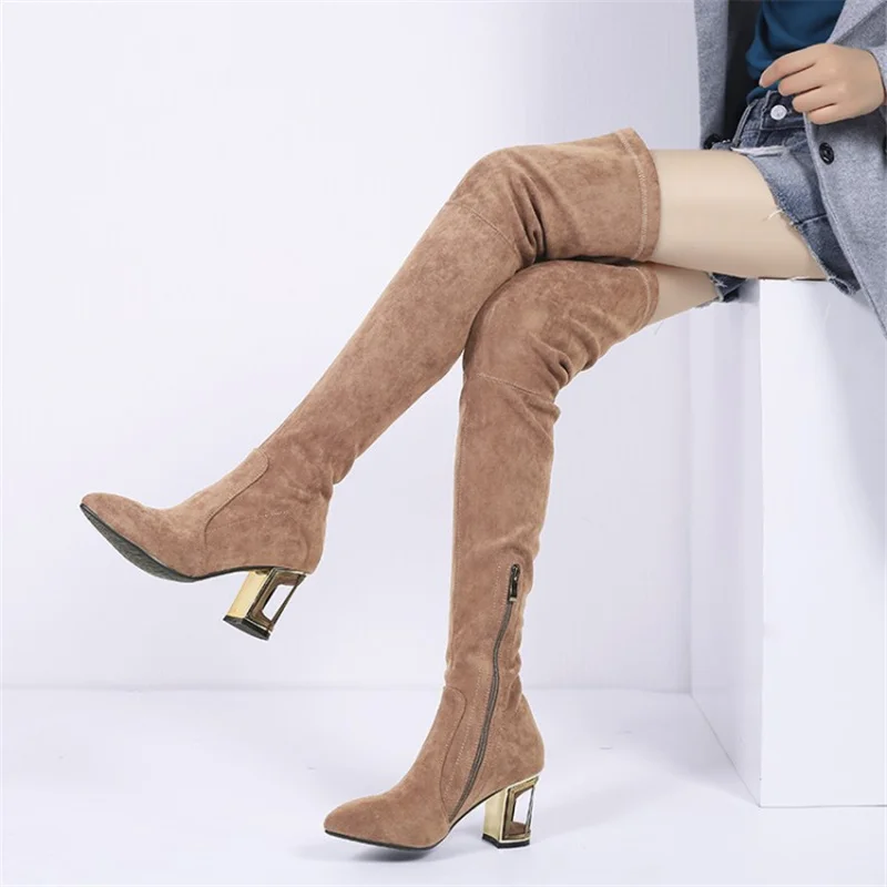 

Women's Over-the-knee Boots Zipper-Sid Flock Pointed Toe Warmest Boots Women Strange Heels And Solid Color Winter Botas De Mujer