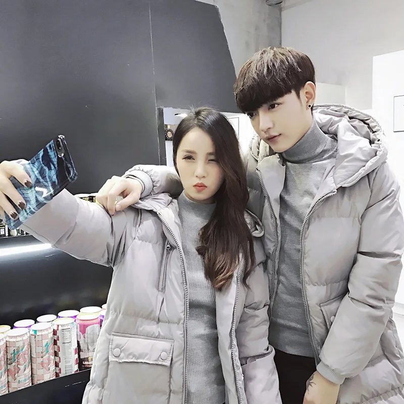 Couples Korean Slim men and women models over knee thickening long down jacket coat cotton men's cotton jacket winter Parkas - Цвет: Серый