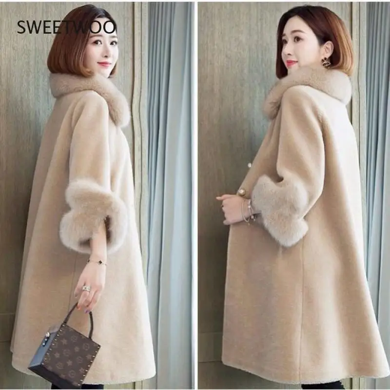 2021 Fall/winter New Style Lamb Fur Coat Women Mid-Length Fox Fur Collar Granular Fleece Imitation Fur Coat