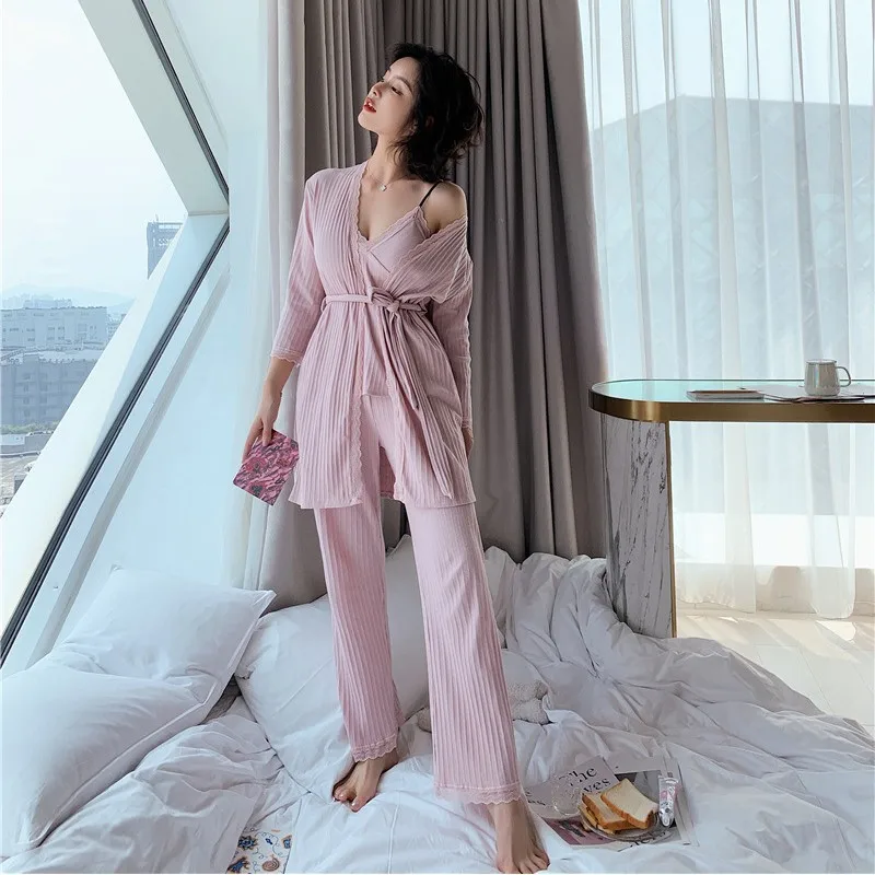 

Women Gray Cotton 3PCS Pajamas Set Sexy V-Neck Strap Top&Pant Home Wear Sweet Lace Trim Sleepwear Casual Spring Autumn Nightwear