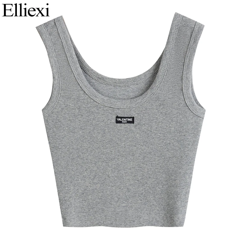 

Elliexi Rib Grey Vest Tank Pure Color Halter Crop Tops Casual Sexy u collar Short Slim Backless Knitted Solid Corset Scoop Tank