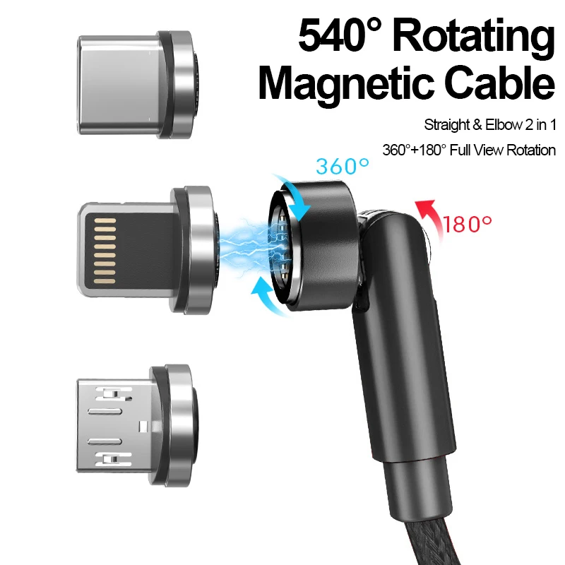 

3A 540 Rotate Magnetic Cable 3A Fast Charging Micro USB Type C Cable For iPhone Xiaomi Magnet Charger Phone Data Wire Cord