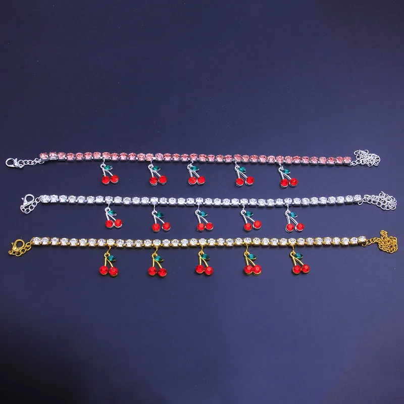 

Vintage Women Tennis Cherry Chram Anklet Bracelet Rhinestone Cuban Link Boho Chain Foot Jewelry Bobby Socks Bracelet for Ankle