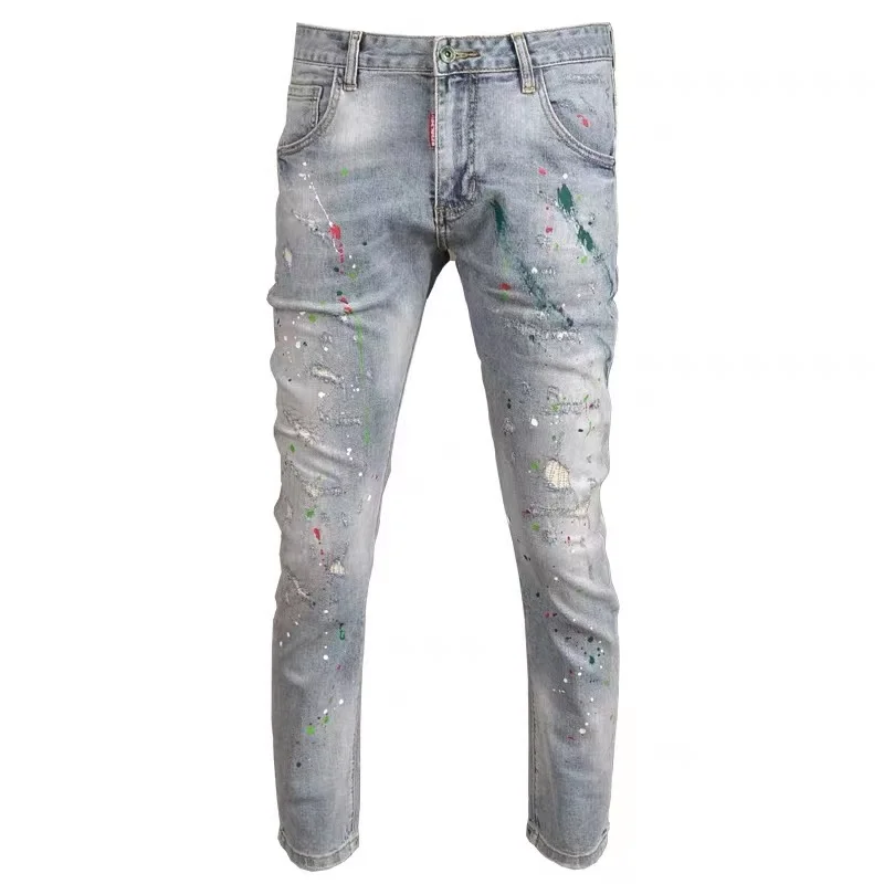 Autumn new ripped jeans men's slim small feet elastic personality spray paint scratched patch light-colored men's pants