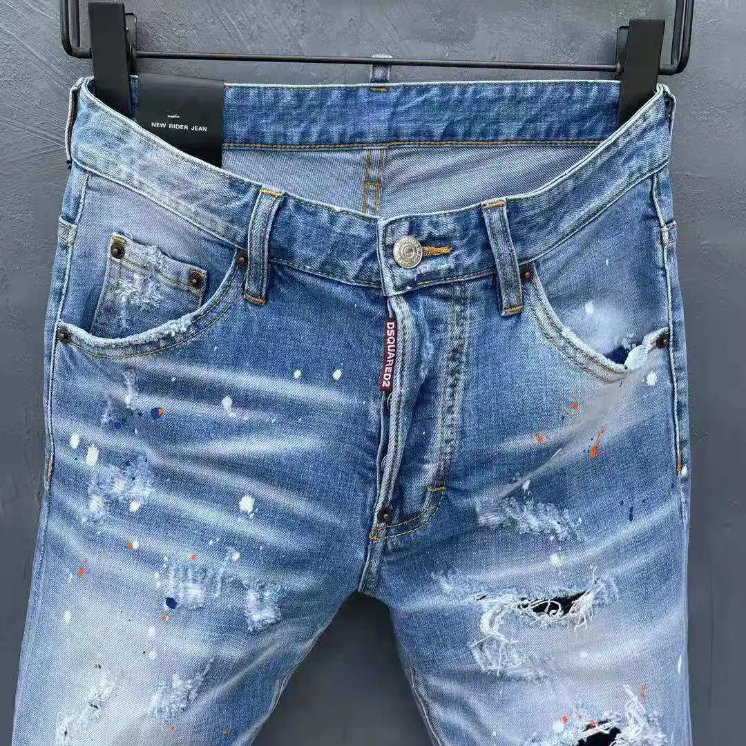 2021 Spring/Summer DSQUARED2 Men's/Women's Jeans Fashion Washed Water Frayed Hole Patches Micro-Elastic Ink Splashing Pants 058